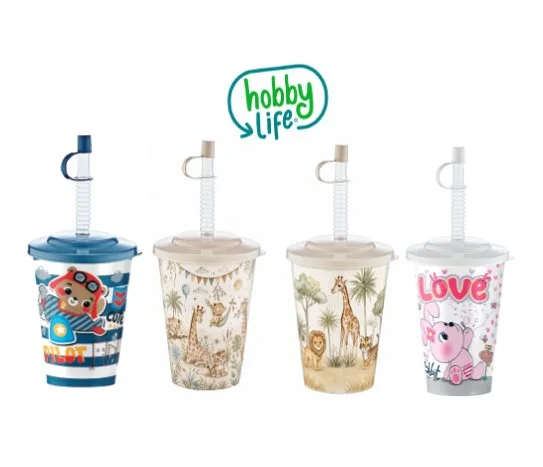 Hobby Life Kapaklı Desenli Pipetli Bardak ~500 ml